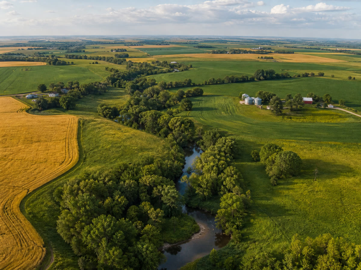 Aerial view of farmland and tree lines in eastern Nebraska