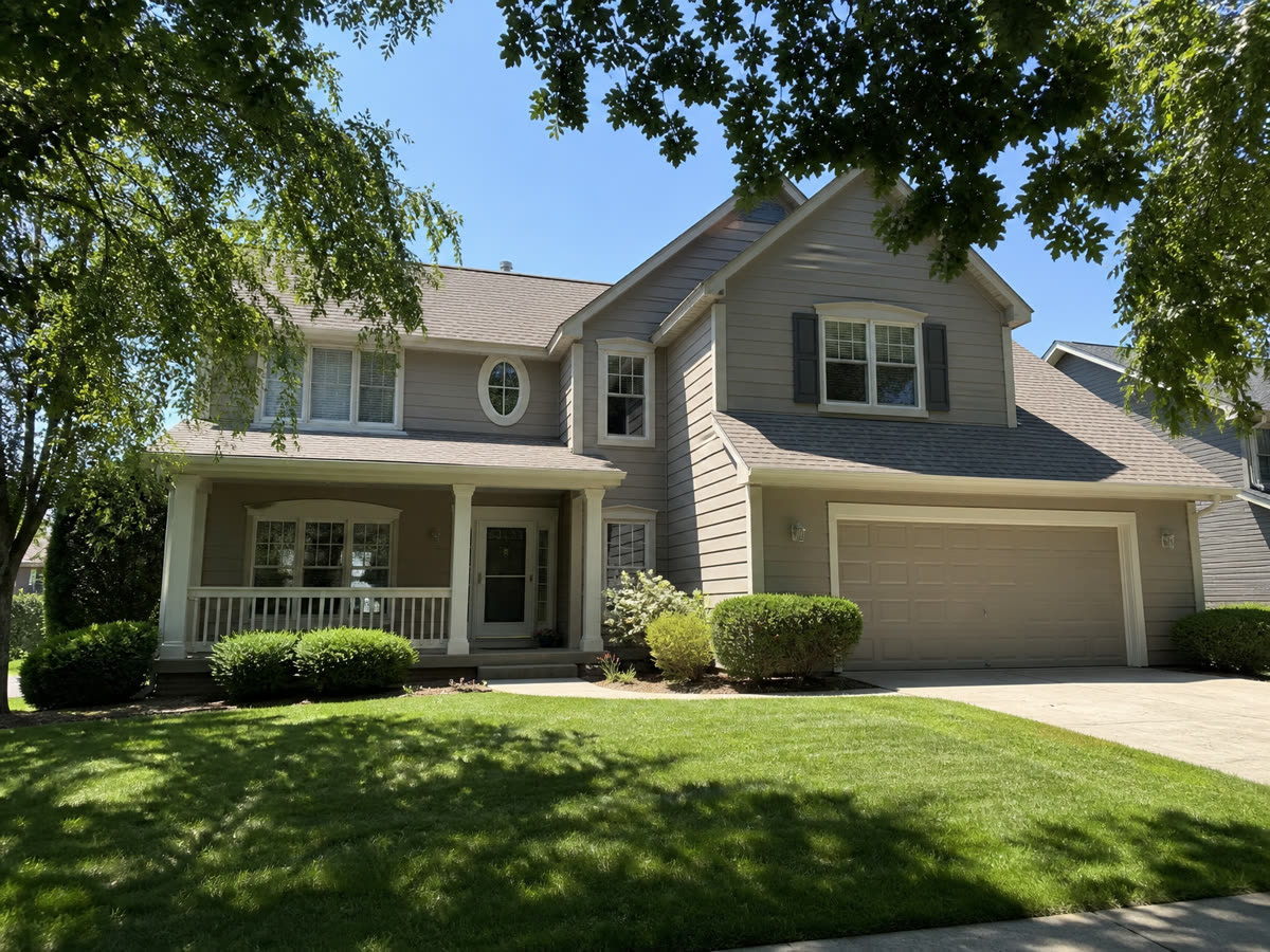 A two-storey family home with a front lawn